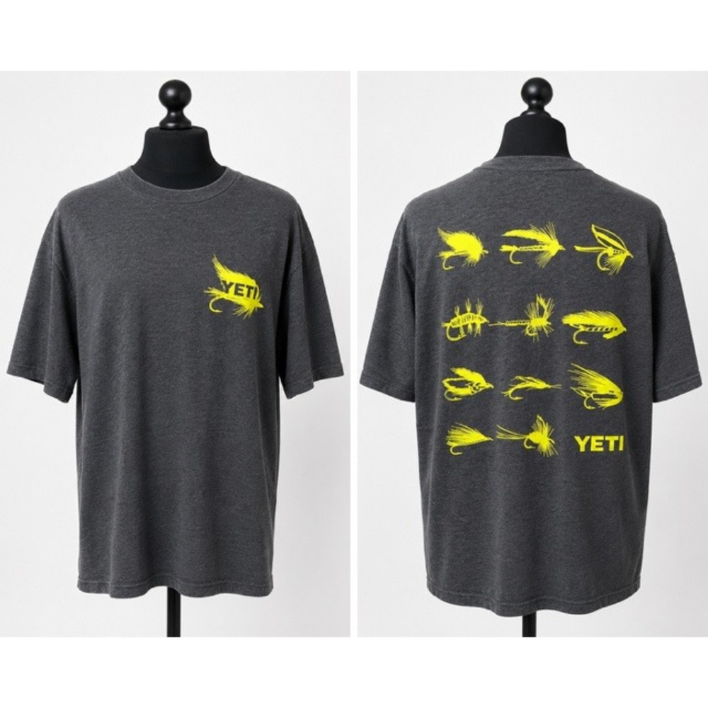 YETI Mens Fly Fishing Lure Graphic T-Shirt Charcoal Heather Grey Large